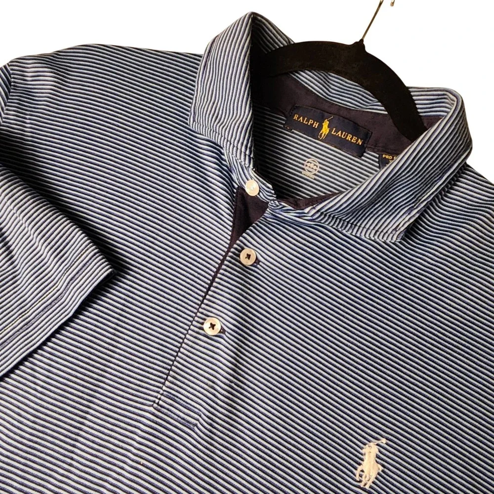 Ralph Lauren Polo Shirt Men XL Blue Striped Exclt Pro Fit Wicking Short Sleeve